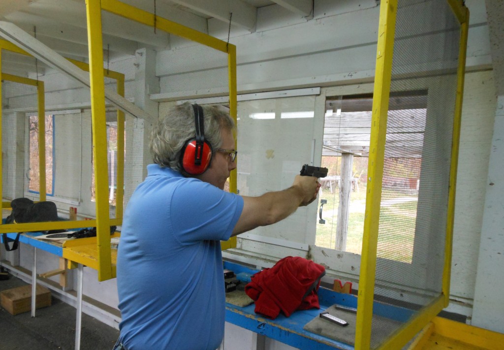 Bond Day Eve starts out with shooting at the range with my friend Bob Hanaburgh. Here I'm shooting Dakota's gun—a Sig Sauer P226—incidentally the same gun Bond uses in part of SPECTRE.